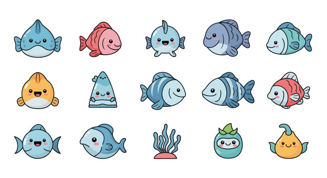 Cartoon fish set aquatic life illustrations