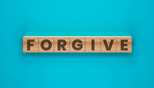 Forgive and Let Go: A minimalist yet compelling visual, spelling out FORGIVE with individual letter blocks against a calming blue backdrop.