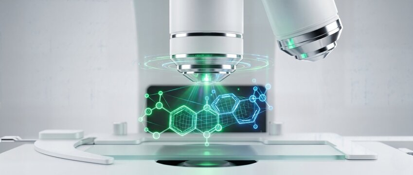 White microscope objective lens scanning laboratory glass slide with glowing hexagonal chemical bonds representing bioinformatics data analysis