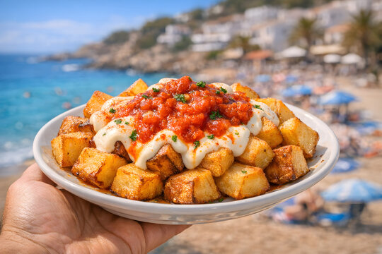 Crispy Patas Bravas with Spicy Tomato Sauce and Aioli overlooking a Mediterranean Beach