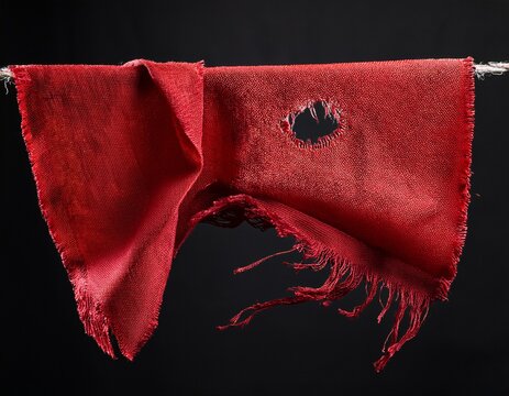 hanging teared rag spread isolated on black background can use like a background or any texture hole in the tissue unbleached red fabric with torn stitch hole and loose threads