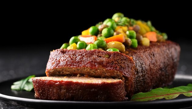 delicious meatloaf with vegetable topping black and blurred background