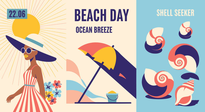 Summer beach, ocean breeze, shell seeker icons, colorful illustrations, beach day