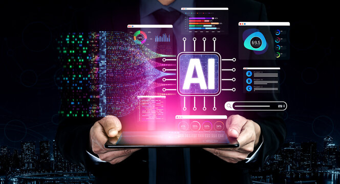 Businessman Holding Tablet with AI Interface, Data Visualization, Digital Technology Concept in Dark Environment with Urban City Background Sigmoid