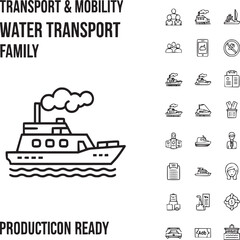 Obraz premium Water transport and mobility icon set, black line ship and boat family collection, maritime vessel outline symbols for nautical navigation eps