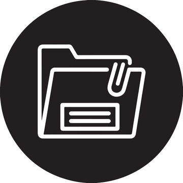 White line icon of a document folder with a paperclip on a black circular background