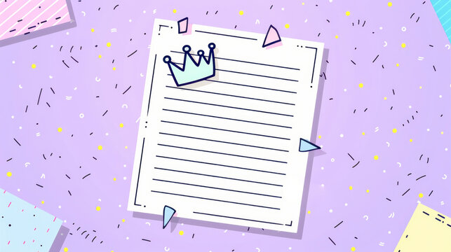 Sticky white note black border crown sun symbols purple soft background copyspace design