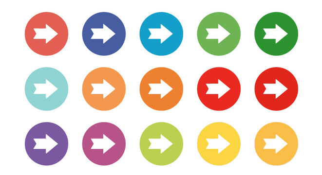 Vibrant collection of right-pointing arrow icons for navigation and direction, symbolizing progress or movement forward in various digital interfaces and web designs, offering a simple 