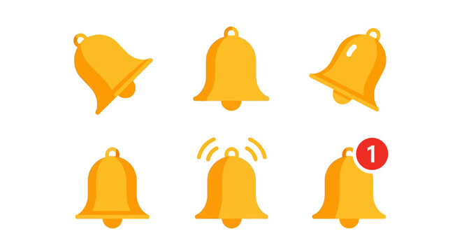 Collection of notification bell icons in various states of ringing and alert, symbolizing communication and updates
