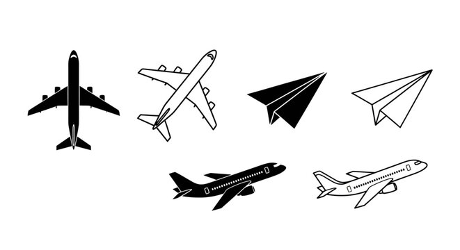 Set of various airplane and paper airplane illustrations, representing travel and flight concepts