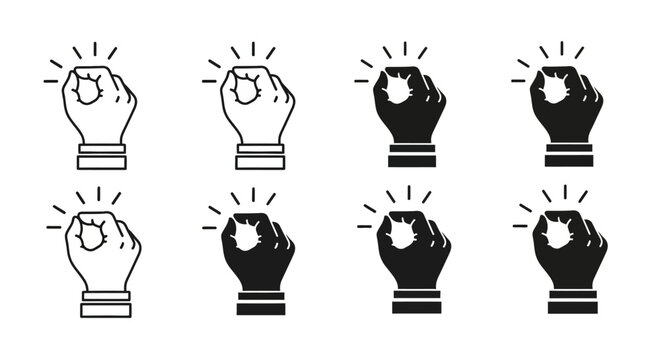 Set of icons depicting a hand gesturing a spark of inspiration, idea, or creativity, presented in both black and white outlines and solid fills