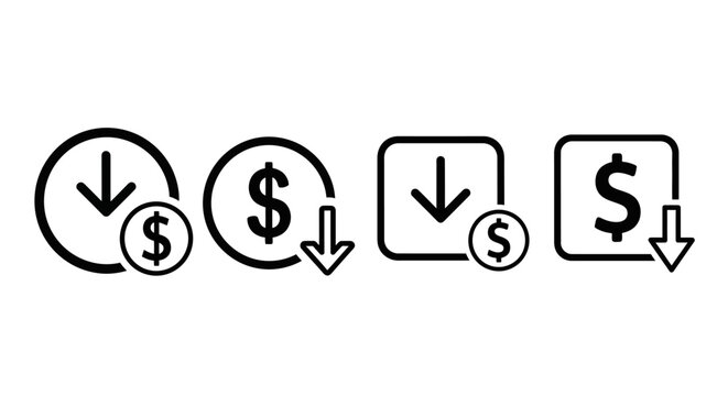 Collection of four icons representing a decrease in price or value, featuring a dollar sign and a downward arrow within circular and square borders