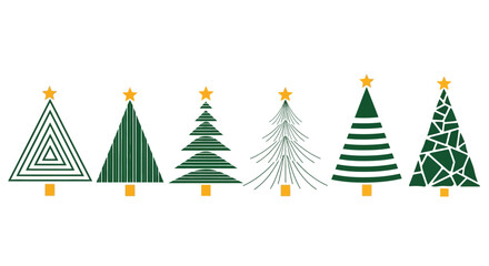 Collection of six distinct stylized green Christmas tree designs with golden stars, ideal for festive holiday season greetings and winter celebration projects © Viadalla