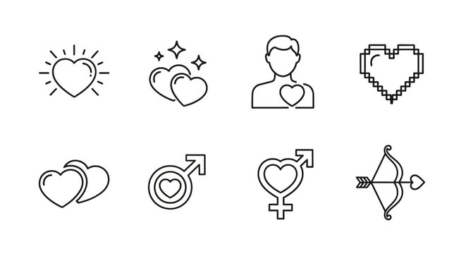 Love and Romance Icons Collection Hearts, Cupid's Bow, and Symbols of Affection