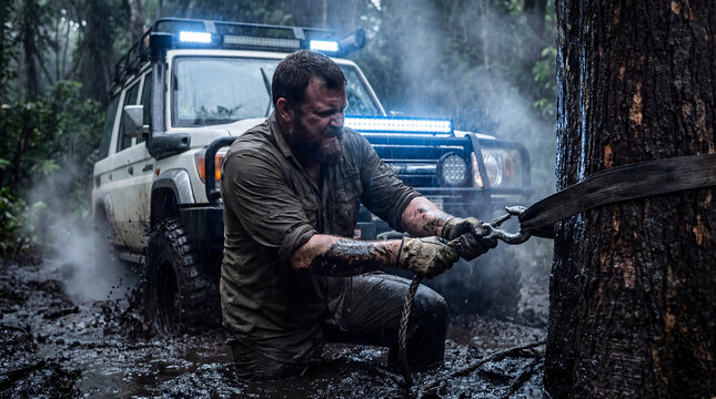 Adventurer winching 4x4 vehicle from deep mud in jungle rain