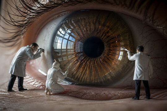 Macro human eye with window reflection and miniature researchers analyzing cornea, ultra realistic textures, precision ophthalmology concept, clinical detail, futuristic vision research
