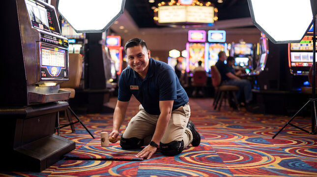 Technician installing new carpet tile in casino gambling floor