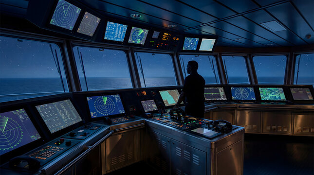 Officer navigating ship bridge at night using radar