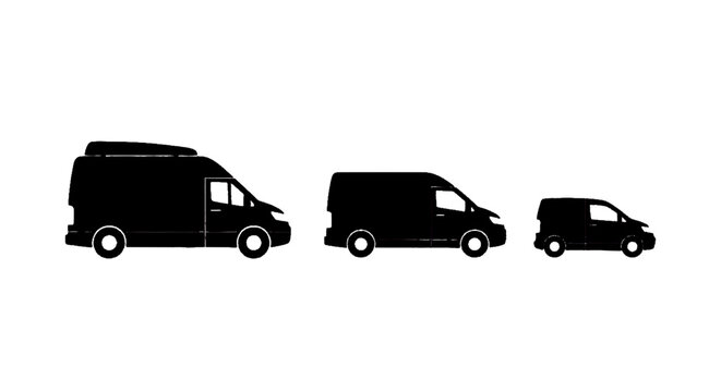 Minimal black silhouette icon, simple flat vector, bold black shape, no, no shading silhouettes of three different sizes of commercial delivery vans on a, flat icon style