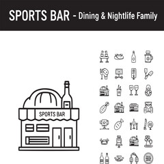 Obraz premium Sports bar icon set, dining and nightlife family vector elements, restaurant and pub line art collection, 25 hospitality industry symbols in EPS format