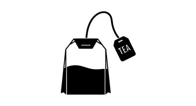 Minimal black silhouette icon, simple flat vector, bold black shape, no, no shading black silhouette of a tea bag with a tag on a, flat icon style