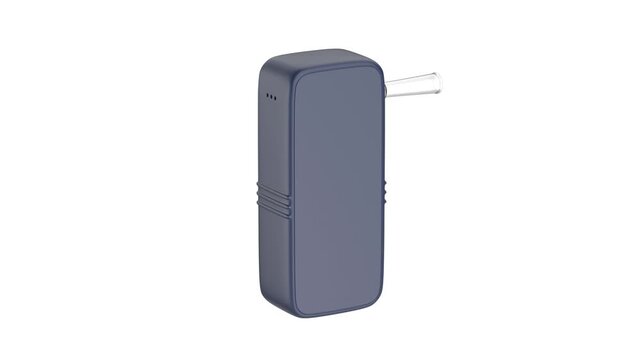Blue portable breathalyzer for sobriety testing on white background