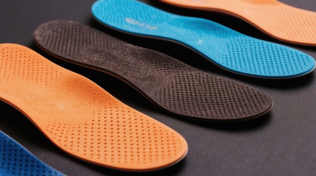 Multiple colorful shoe insoles for foot support and comfort. These orthotic inserts help with arch support cushioning and pain relief. High quality shoe accessories for everyday wear.
