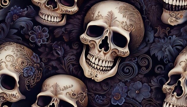 seamless skull pattern with a gothic victorian touch featuring lace and intricate detailing under dim ambient lighting to create a haunting vintage look
