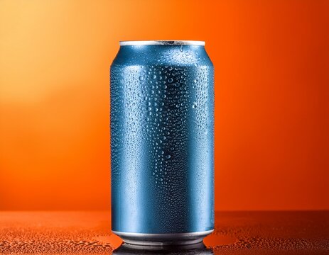 can of fresh soda with water drops on orange background closeup