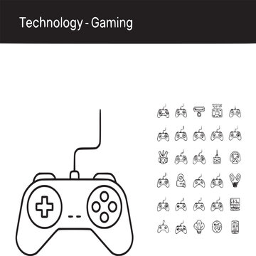 Black and white gaming controller icon set with various button symbols for technology and esports design