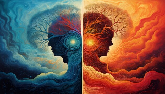 canvas split into two halves with contrasting colors and styles symbolizing the division of realities and the dual experiences of schizophrenia