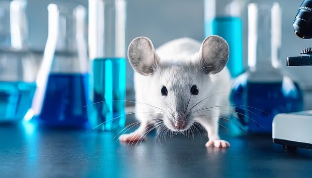 a white mouse is standing on the table with some test tube on background in lab