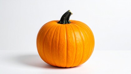 Obraz premium A single orange pumpkin rests on a white surface, symbolizing autumn harvest, seasonal change, and the timeless charm of Halloween traditions.