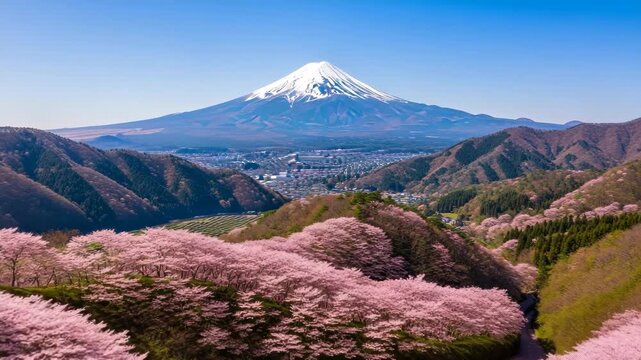 Mount Fuji Blossom View: Breathtaking panorama of Mount Fuji, its snow-capped peak majestically framed by a vibrant tapestry of blooming cherry blossoms in the foreground under clear skies.
