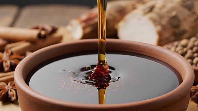 Thick Dark Molasses Syrup Pouring into Rustic Bowl with Spices.