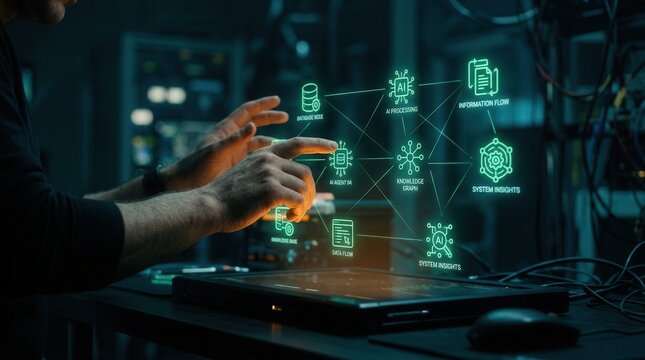 AI Hologram Interface: Data Processing, Knowledge Graph, System Insights Visualization