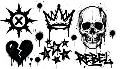 Fototapeta premium graffiti spray paint elements set, urban street art skull crown heart and star icons, black ink drip symbols on transparent background