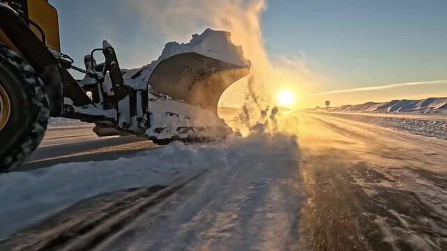 Heavy snow plow clearing highway road at sunset, winter road maintenance and infrastructure equipment working in extreme cold weather conditions
