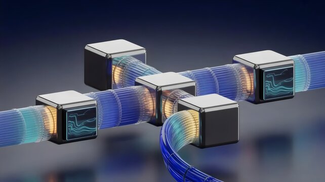 Agentic AI workflow 3D nodes with fiber optic lines - Ideal for artificial intelligence development, data processing visuals, or tech infrastructure content.