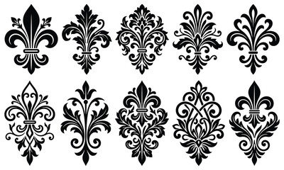 Obraz premium Set of fleurdelis ornaments, heraldic lily symbols, vintage floral design elements