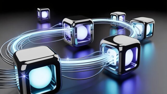 Geometric AI nodes with pulsing blue data streams - Suitable for automation technology blogs, cloud computing articles, or digital transformation themes.