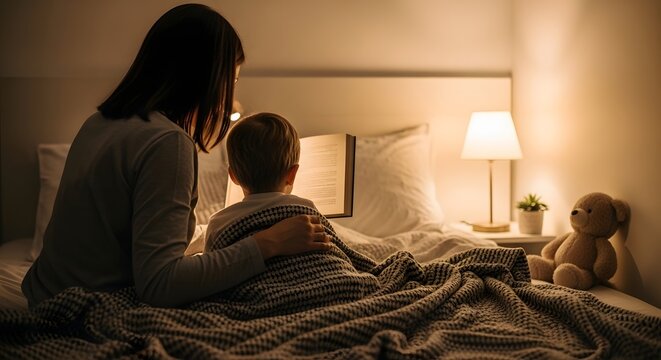 Mother reading a bedtime story to her child in a cozy bedroom, illuminated by warm lamp light at night.