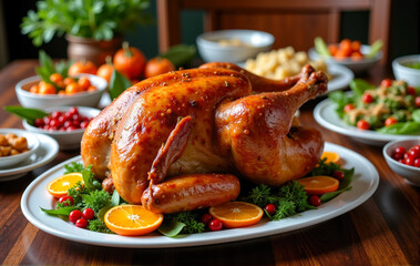 Naklejka premium Roasted chicken with a golden crispy skin on a large platter, garnished with greens and orange slices, surrounded by various dishes, festive table setting.