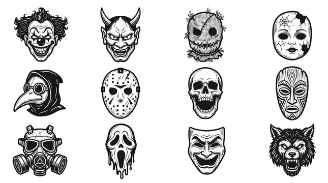 Horror mask icon set in black silhouette style on transparent background
