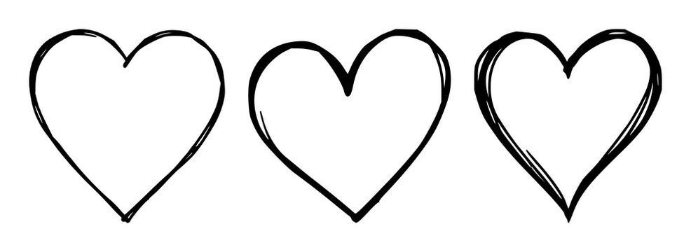 Heart icon set with black line art on white background featuring heart, icon, silhouette with minimalist and illustration