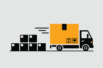 Fototapeta premium Delivery truck carrying a large yellow box with stack of packages behind, shipping concept