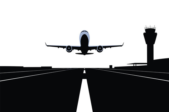Passenger airplane landing on airport runway with control tower silhouette background, aviation concept