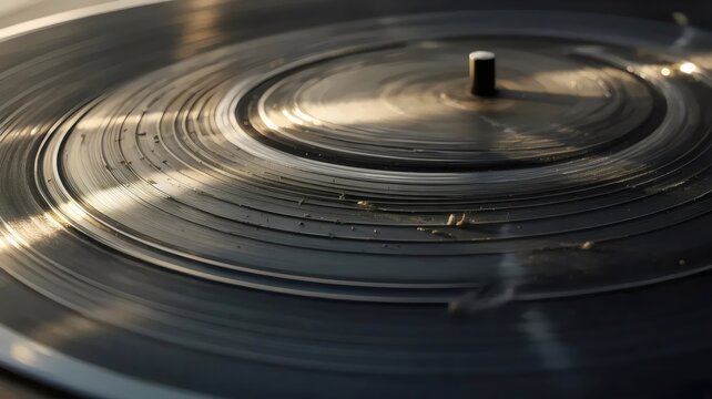 Analog vinyl record surface with light reflections - Perfect for lifestyle photography, music production backgrounds, or vintage aesthetic media.