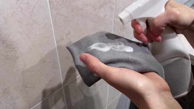 Using microfiber cloth to clean grout. Applying circle motions to restore bathroom tile shine. Hands thoroughly cleaning bathroom wall using soaked microfiber cloth and circular motions
