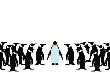 Obraz premium Group of black penguin silhouettes with one light blue penguin standing in center, uniqueness concept